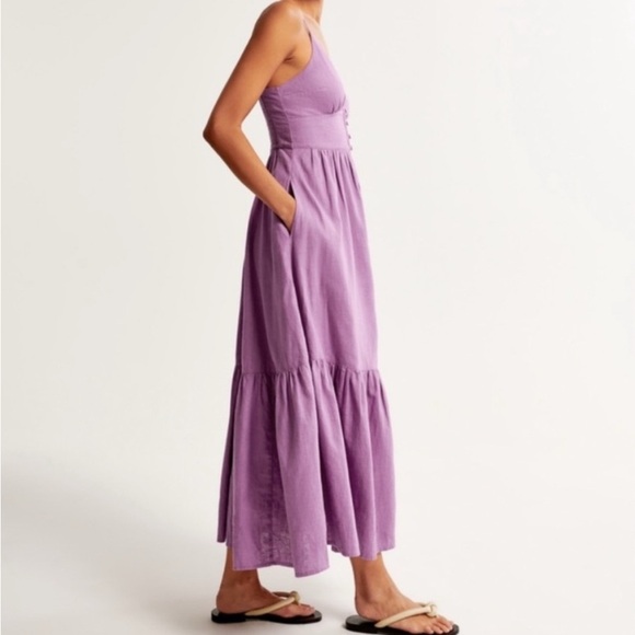 Abercrombie & Fitch Purple Lilac Linen Blend Button Down V Neck Maxi Dress Small - Picture 10 of 10